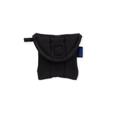 The Baggu Puffy Earbuds Case - Black is a fabric pouch with a flap closure, side tag, and keychain loop for easy attachment. It’s perfect for keeping your wireless earbuds secure and stylish.