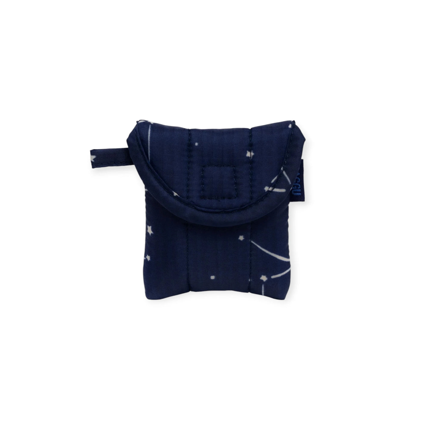 The Baggu Puffy Earbuds Case in Constellation Navy is a small, dark blue fabric pouch with a flap closure and side loop, perfect for storing wireless earbuds. It features a subtle constellation pattern design.