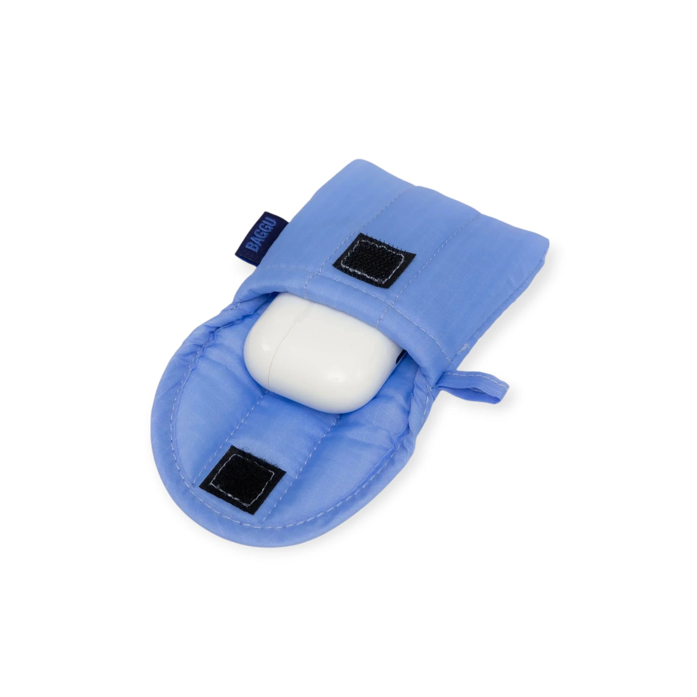 The Baggu Puffy Earbuds Case - Cornflower, made from recycled nylon, boasts a blue padded exterior and secures a white object inside with Velcro straps.