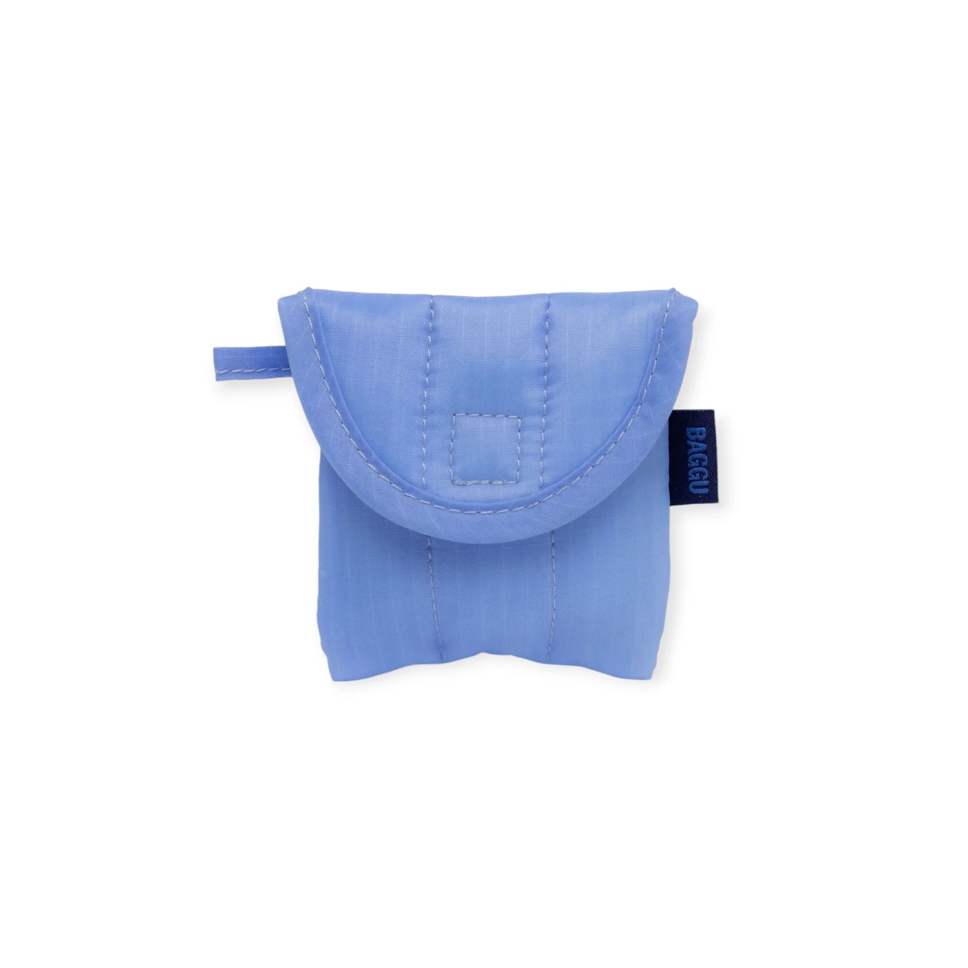 The Baggu Puffy Earbuds Case in Cornflower is a compact, foldable blue pouch made from recycled nylon with a snap closure and "BAGGU" tag on the side, ideal for stylishly protecting your Baggu Earbuds.