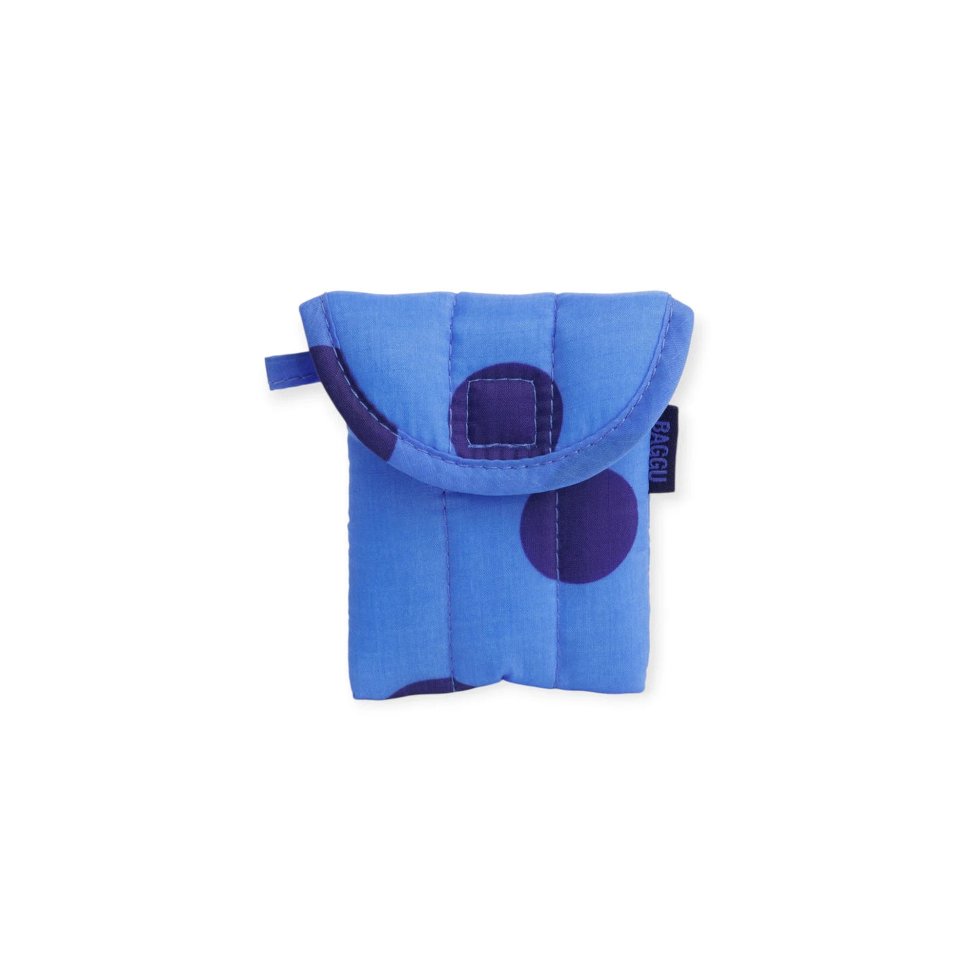 Blue puffy earbuds case with purple polka-dot flap and snap closure