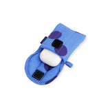 Blue puffy earbuds case with purple patches, holding white earbuds