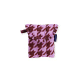 Puffy earbuds case in pink and burgundy houndstooth, ruffled top loop