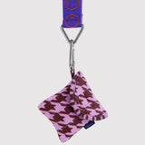 Houndstooth earbuds case with metal clip and blue strap, hanging pouch