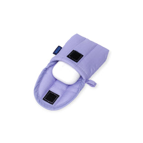 The Baggu Puffy Earbuds Case - Wisteria is a small, quilted lavender case with black Velcro patches by Baggu—ideal for protecting your earbuds in style.