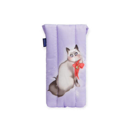 Puffy lavender glasses sleeve featuring a white cat with a red bow and gold medallion by Sara Rabin with Baggu tag