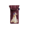 Padded maroon glasses sleeve featuring an elegant dog with a blue bow and a blue Baggu label on the side