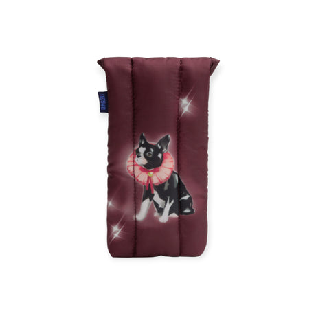 Burgundy Baggu Puffy Glasses Sleeve featuring a black and white dog wearing a fancy pink ruffled collar and blue label