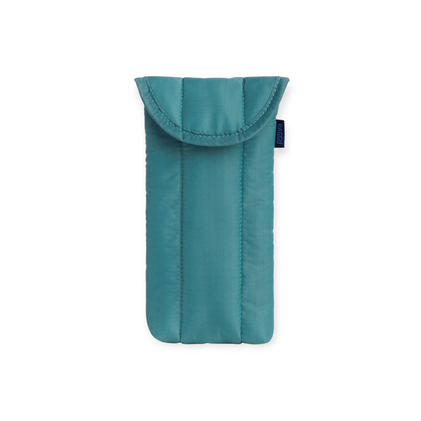 Baggu puffy glasses case in peacock blue with quilted top flap and vertical seams