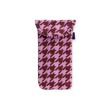 Puffy glasses case with pink houndstooth pattern and snap flap
