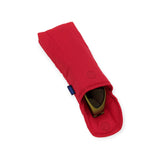 The Candy Apple red Baggu Glasses Sleeve by Baggu, made from recycled nylon, is slightly open to showcase a vibrant yellow handheld gaming device inside.