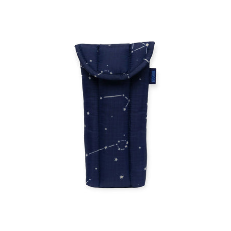 The Baggu Glasses Sleeve - Constellation Midnight is a dark blue padded pouch made from eco-friendly, recycled nylon, featuring a white star and constellation design.