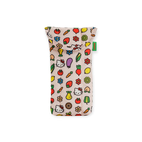 The Baggu Glasses Sleeve - Hello Kitty Icons showcases a lively design with the cherished Hello Kitty surrounded by apples, carrots, and flowers on a white backdrop. It's ideal for Sanrio enthusiasts or as an endearing Hello Kitty fabric pouch.