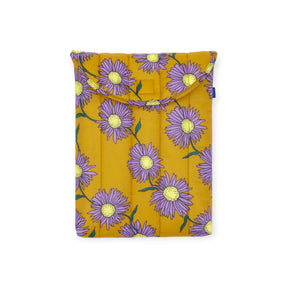 Front view of Baggu Puffy Laptop Sleeve 13 inch in Daisy Chain print with purple flowers on mustard background, gallery image 1