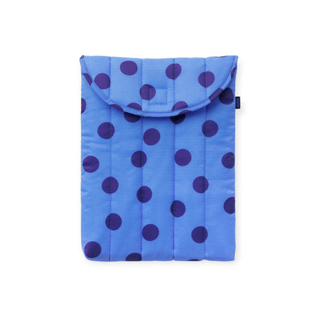 Puffy laptop sleeve, blue with dark purple polka dots and cushioned front flap