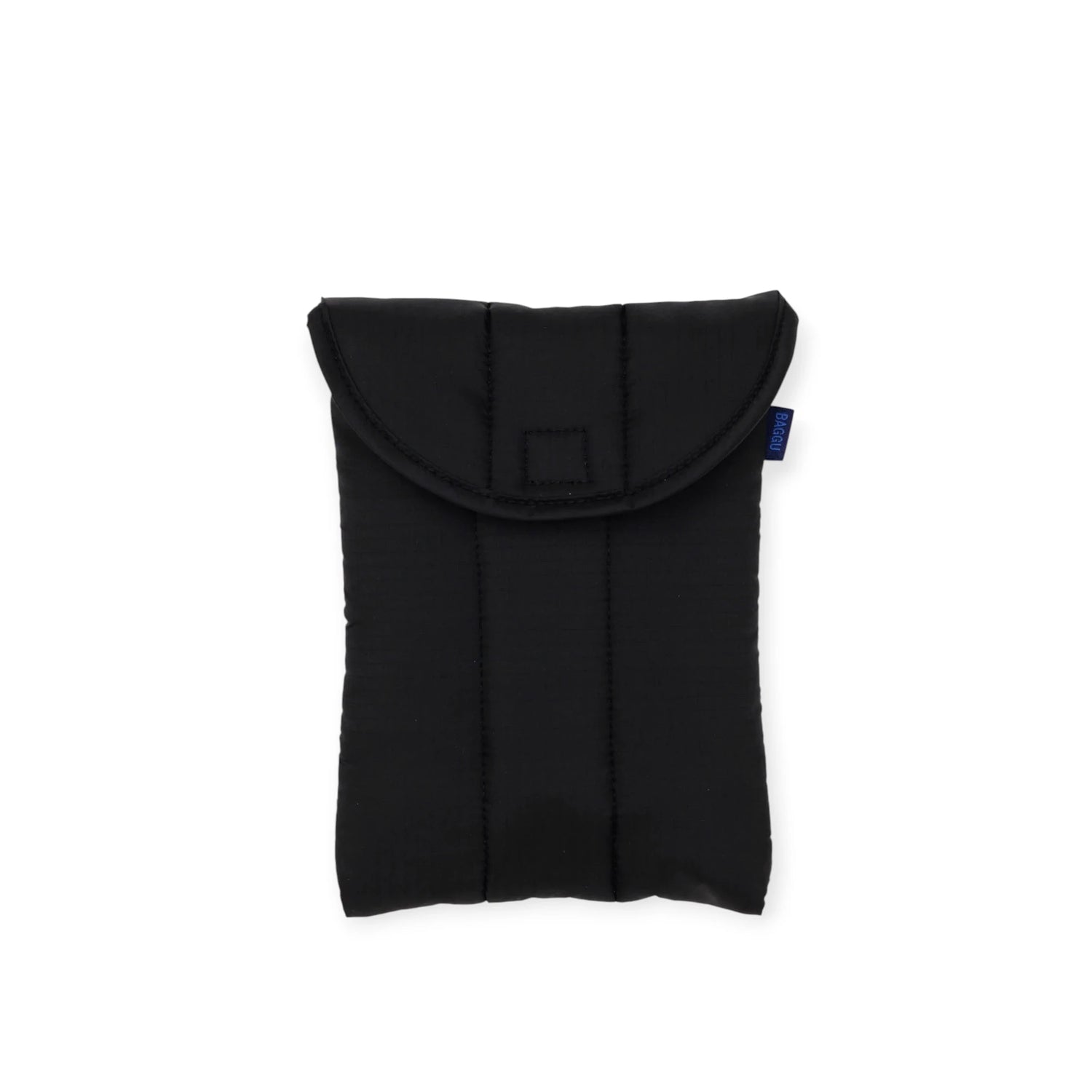 The Baggu Puffy 8" Tablet Sleeve in black, by Baggu, is made from recycled nylon and features padded protection, a flap closure, and visible stitching, shown against a white background.