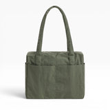 Baggu cloud carry-on tote bag in olive green with top handles and front zip pocket