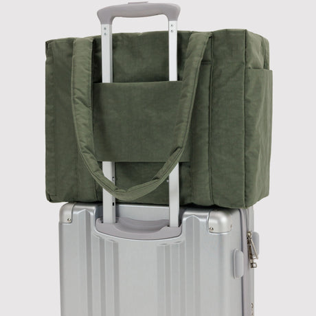 Olive green cloud carry-on tote bag with suitcase-handle sleeve and zip pocket