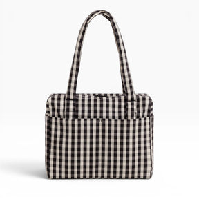 Baggu small carry-on tote bag in black-and-cream gingham, top handles
