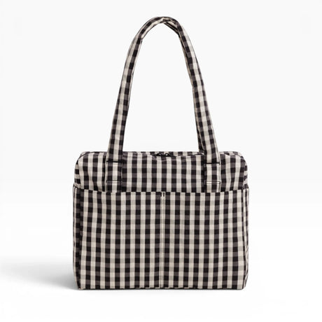 Baggu small carry-on tote bag in black-and-cream gingham, top handles