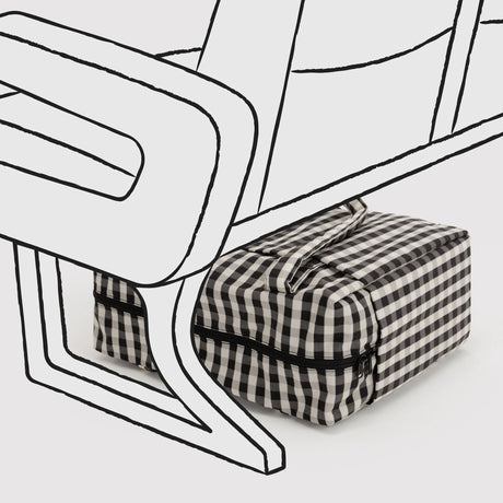 Baggu small carry-on bag in black-and-cream gingham, folded top and strap detail