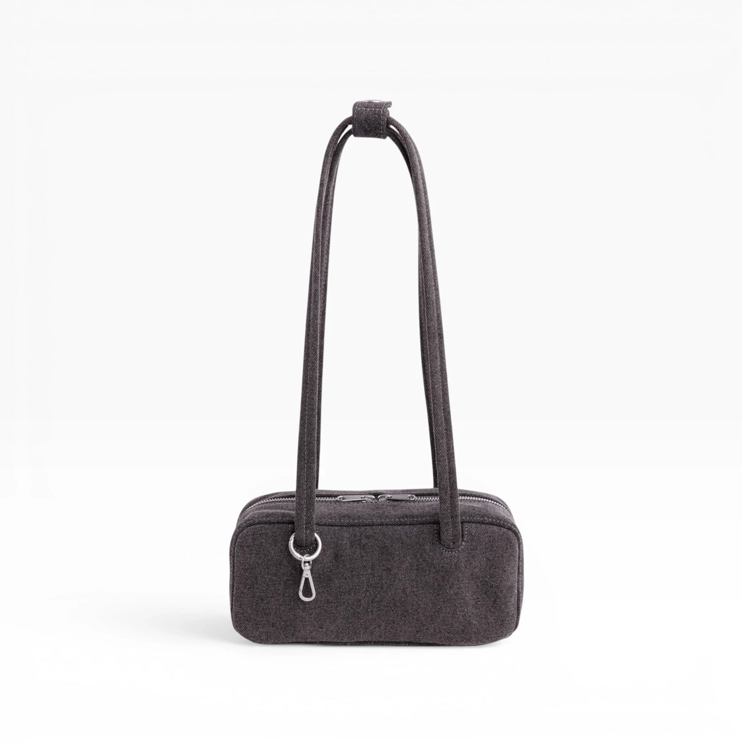 Small washed black denim bowler bag with arched handles and front top zipper