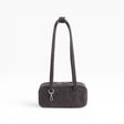 Small washed black denim bowler bag with arched handles and front top zipper