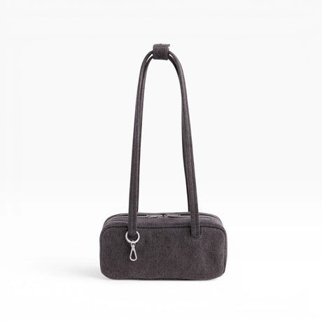 Small washed black denim bowler bag with arched handles and front top zipper