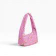 Pink star-print small nylon tote bag with knotted gathered top handles