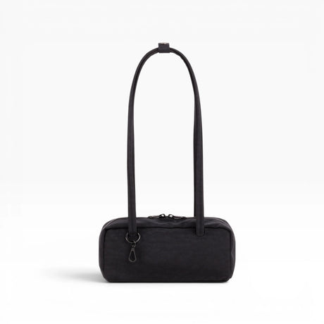 Baggu small bowler bag in black with two top handles and zip closure.
