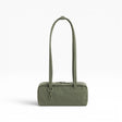Olive small bowler bag with arched top handles and compact rectangular shape.