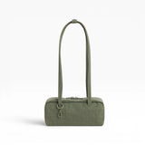 Olive small bowler bag with arched top handles and compact rectangular shape.