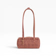 Small houndstooth bowler bag with top handles, tan and burgundy pattern