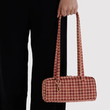 Small houndstooth bowler bag with top handles, tan and burgundy houndstooth