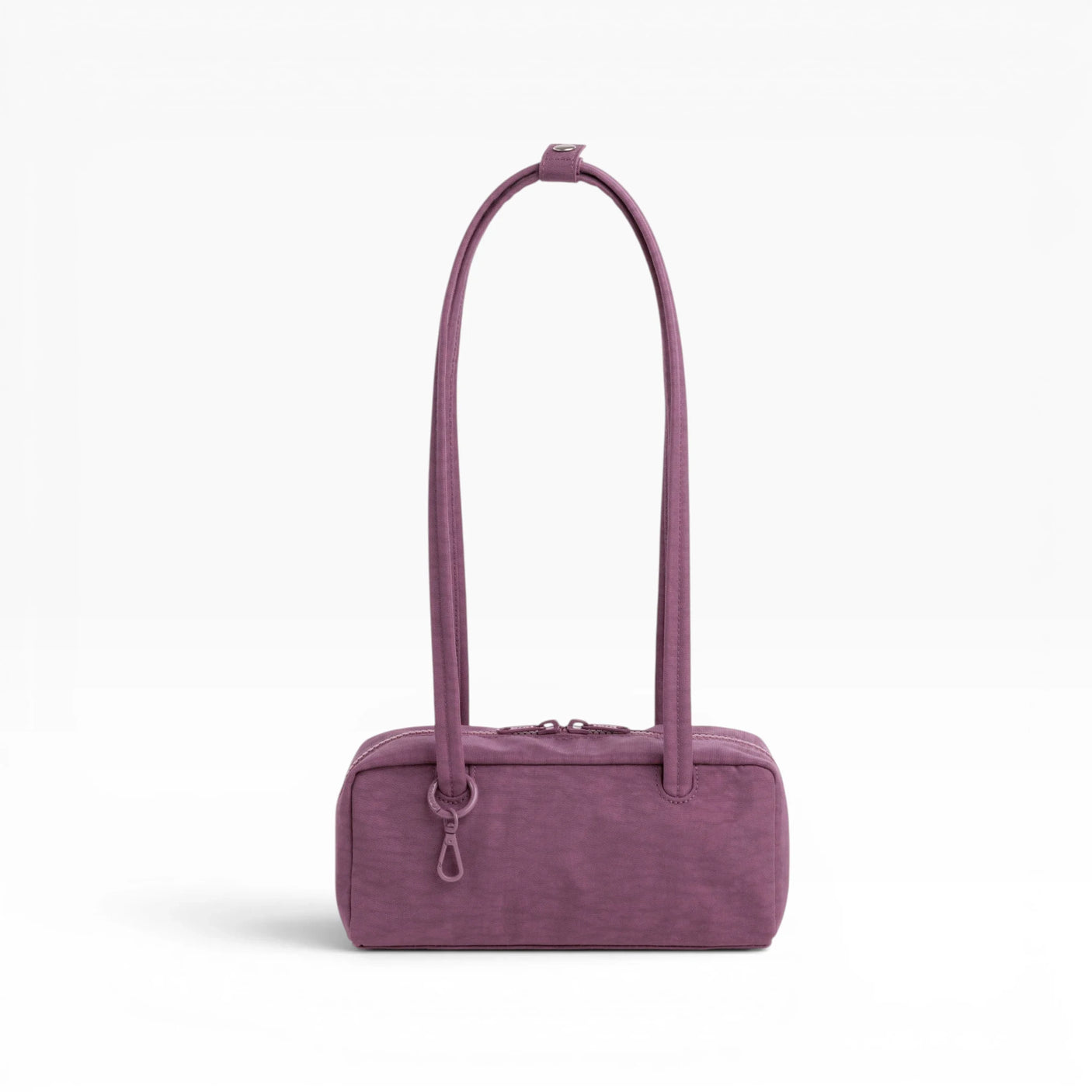 Plum small bowler bag with tall handles and zip-top opening