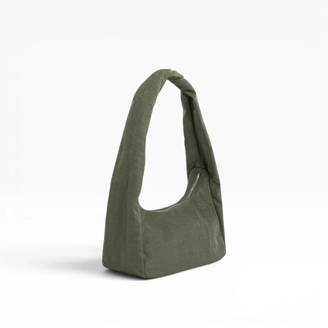 Small olive-green nylon hobo bag with wide handles and open top