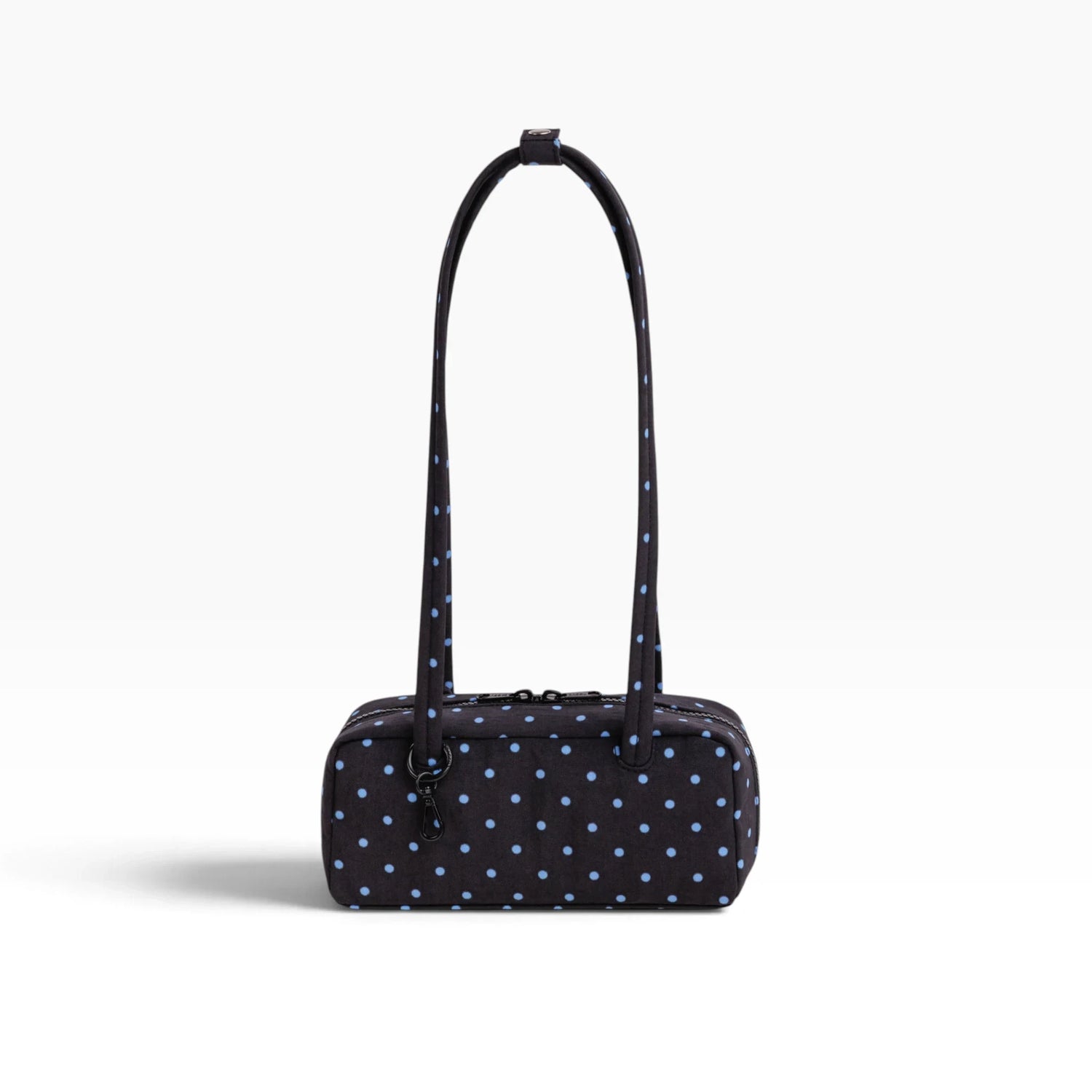 Small bowler bag in black with sky-blue micro dot pattern and top zip closure
