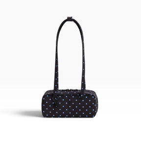 Small bowler bag in black with sky-blue micro dot pattern and top zip closure