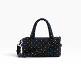 Black and sky blue micro dot small nylon duffle bag with top handles and crossbody strap