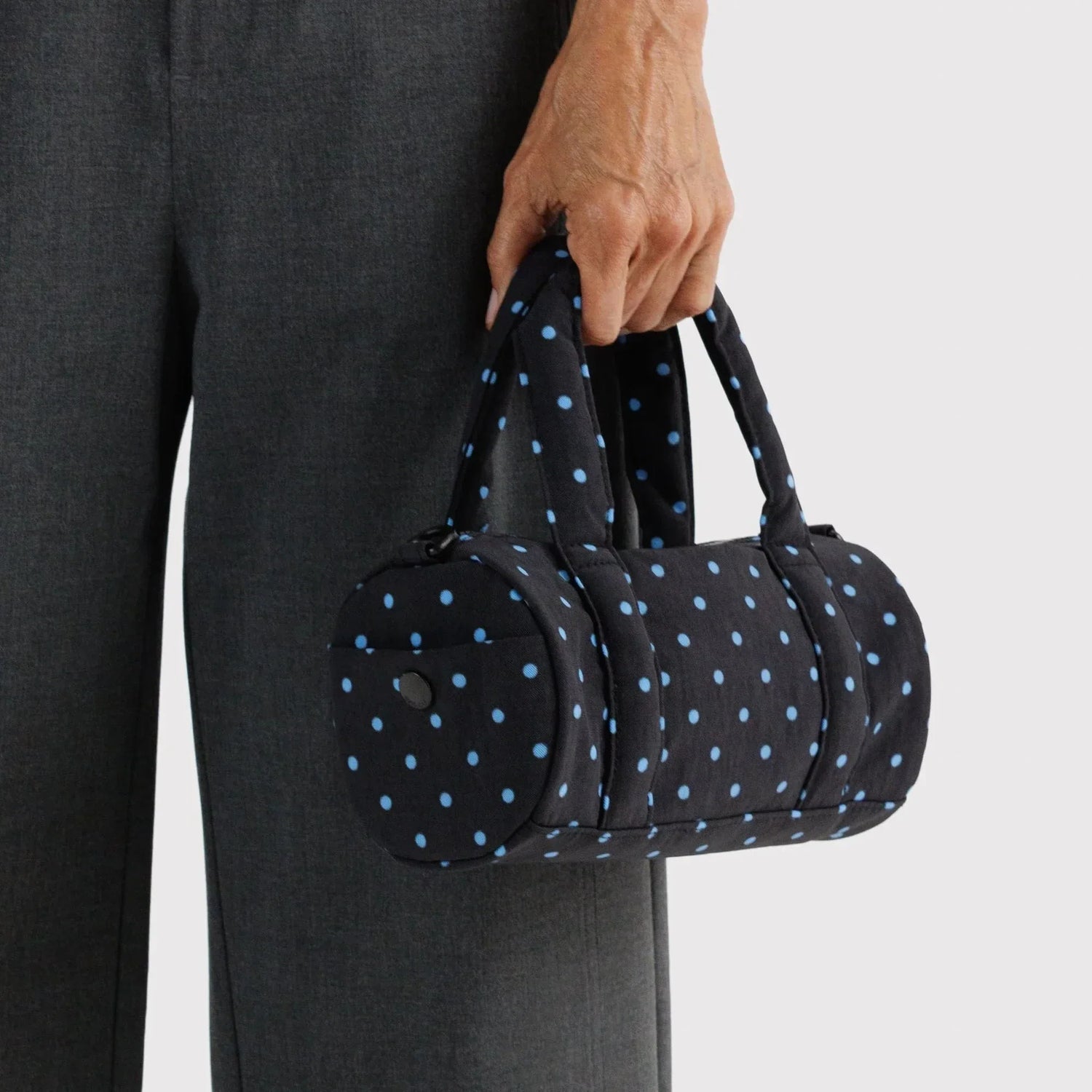 Black and sky blue micro dot small nylon duffle bag with top carry handles