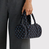 Black and sky blue micro dot small nylon duffle bag with top carry handles