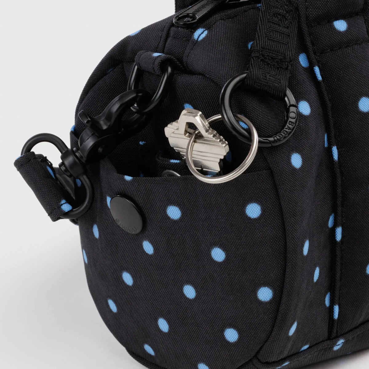 Black and sky blue micro dot small nylon duffle bag hardware detail