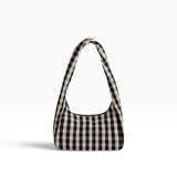 Small gingham nylon bag with curved top opening and black check pattern