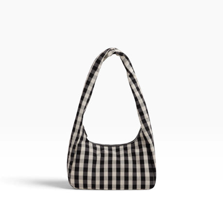 Small gingham nylon bag with curved top opening and black check pattern