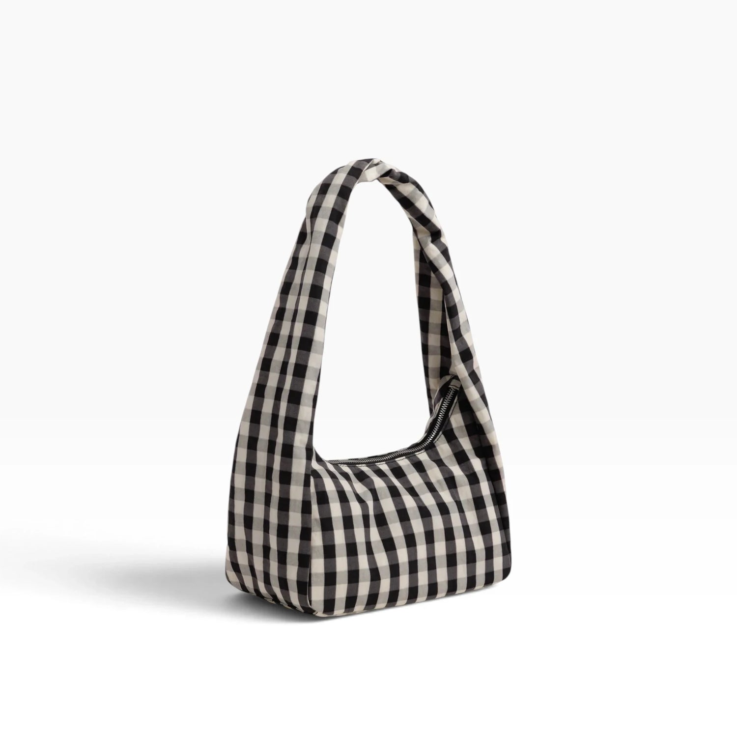 Baggu small nylon meringue bag, black and cream gingham with top handle