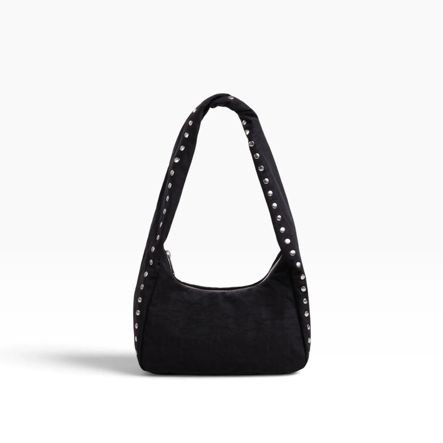 Small black nylon hobo bag with studded handle and open top