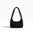 Small black nylon hobo bag with studded handle and open top