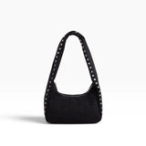 Small black nylon hobo bag with studded handle and open top