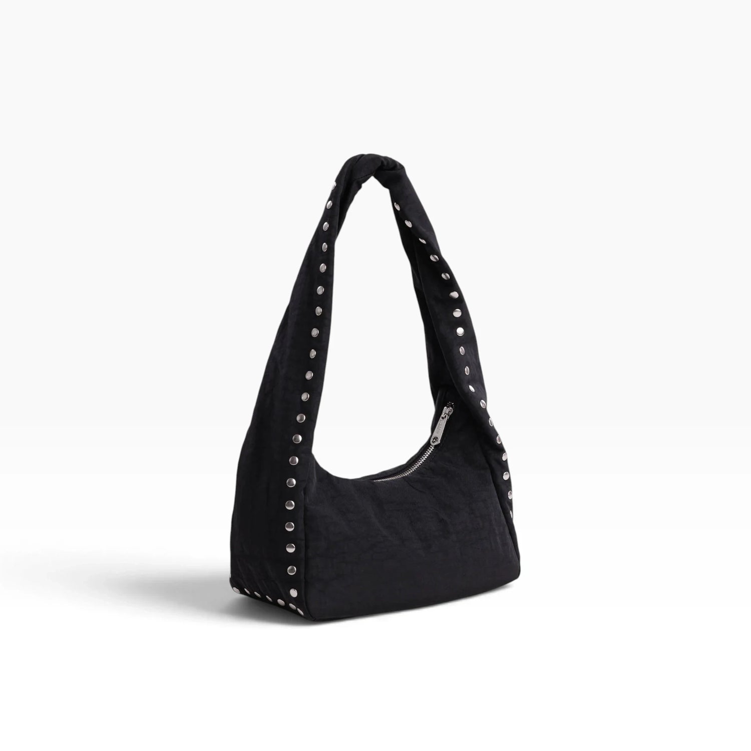 Small black nylon hobo bag with studded handle straps and curved shape