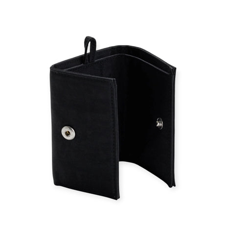 The Baggu Snap Wallet - Black by Baggu features a sleek black fabric with a minimalist design. Its partially open structure unveils a snap button closure and multiple compartments, highlighting its practical functionality for everyday use.